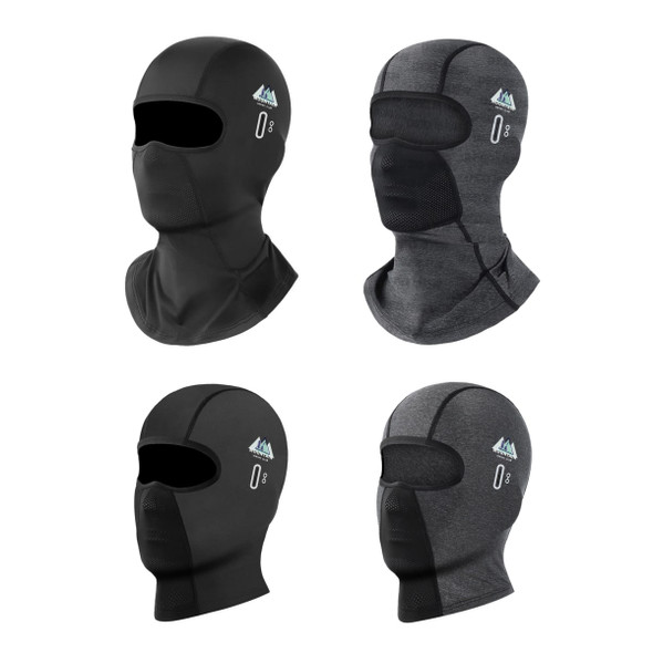 Four breathable balaclava cycling face masks in black and grey, featuring a logo on each.
