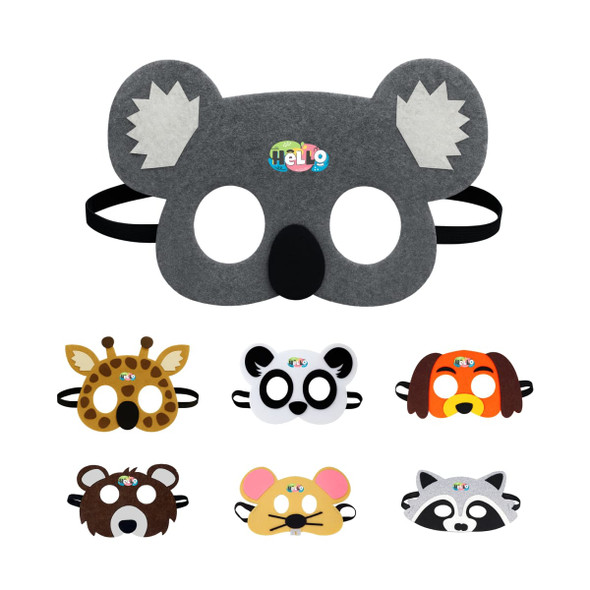 A collection of animal felt masks for kids, including koala, giraffe, panda, dog, bear, mouse, and raccoon designs.