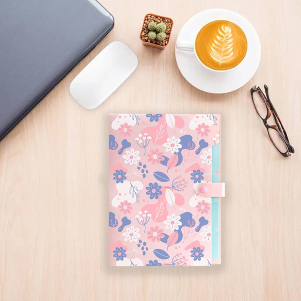 A4 expandable file folder in pink with floral patterns, placed on a wooden desk alongside a coffee cup, glasses, and a laptop.