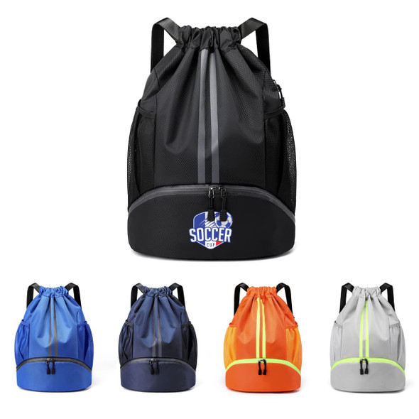 A black drawstring backpack with a zippered bottom compartment, available in blue, navy, orange, and grey. It has a logo.