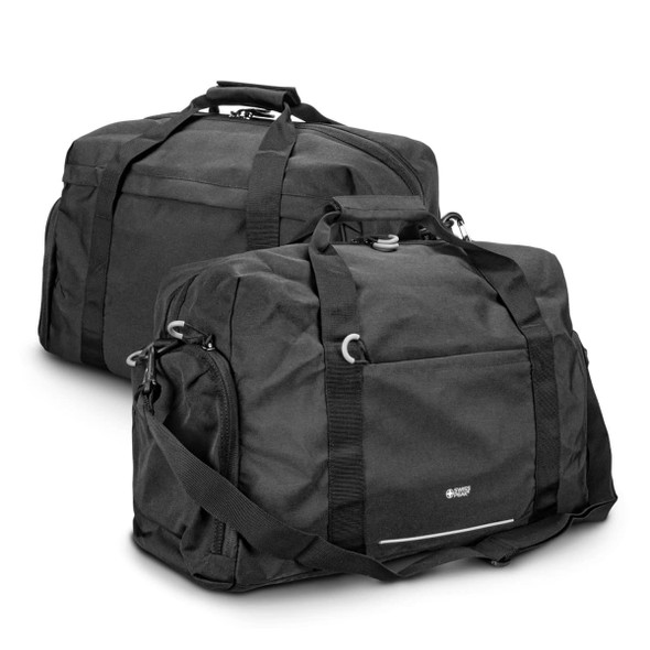 A black Swiss Peak RFID sports duffle bag with dual handles and an adjustable shoulder strap. Features a logo.