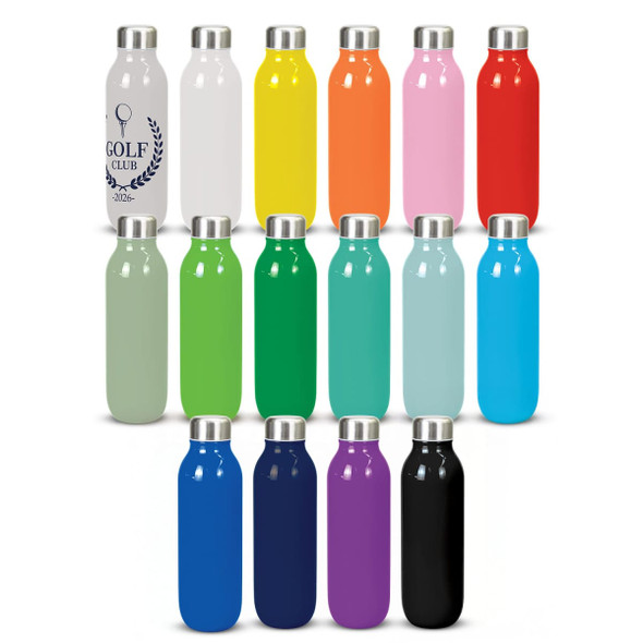 A drink bottle collection in various colours including white, yellow, green, blue, purple, and black, featuring a logo.
