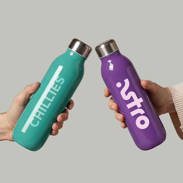 A drink bottle in teal and a drink bottle in purple, both with metallic caps and branding.