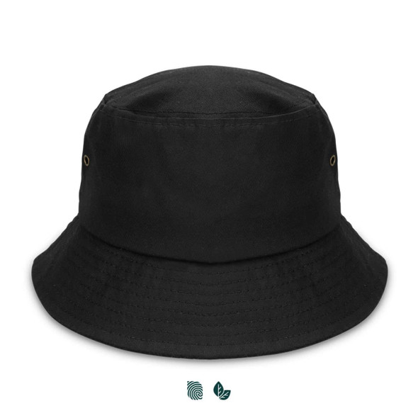 A black organic bucket hat with a simple design and eyelets, featuring a logo.
