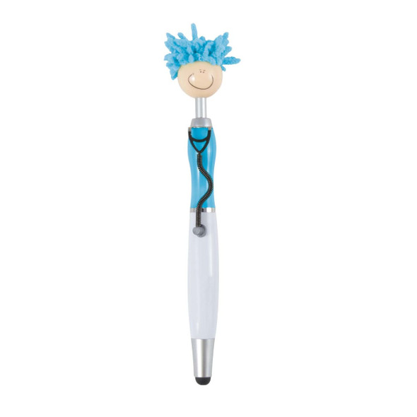 A stylus pen featuring a blue-haired character on top, with a white and blue barrel and a black tip.