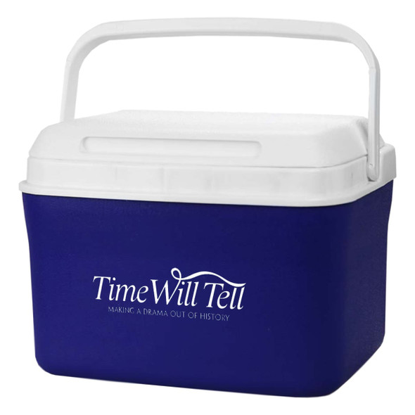 A cooler box in blue and white with a carry handle and a logo on the front.