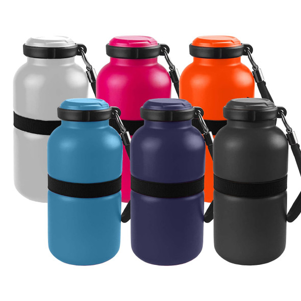 A drink bottle collection featuring six vacuum bottles in grey, pink, orange, blue, purple, and black with straps.