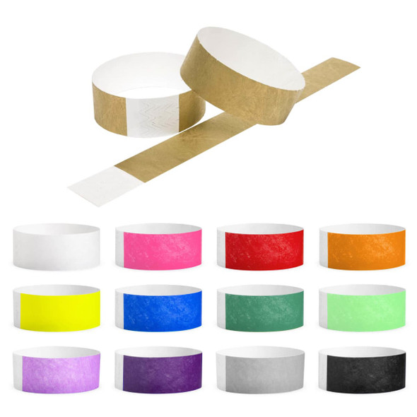 Tyvek adult wristbands in various colours, including white, pink, red, and black. Some feature a logo.