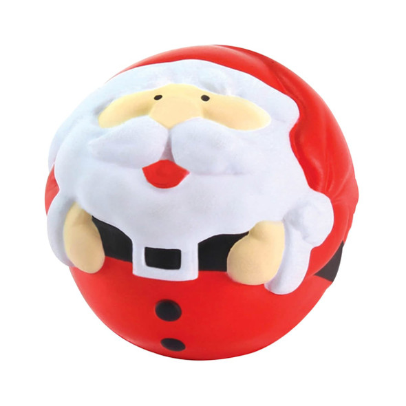 A round, red stress ball shaped like Santa Claus with a white beard and festive details.