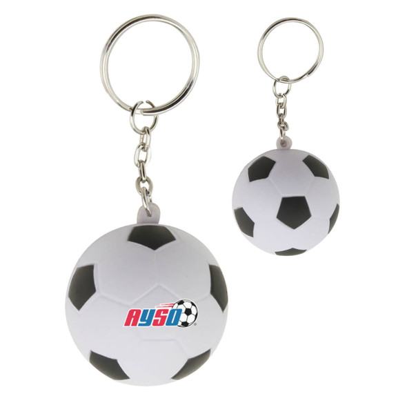 A stress soccer ball key ring in white and black, featuring a logo and attached to a silver keychain.