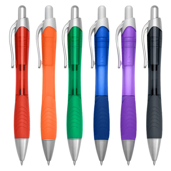 A set of six plastic pens in red, orange, green, blue, purple, and black with silver accents. Each pen features a grip and click mechanism.