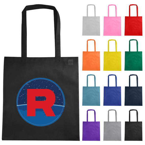 A black non-woven reusable grocery bag with a logo, surrounded by bags in various colours including pink, red, and yellow.