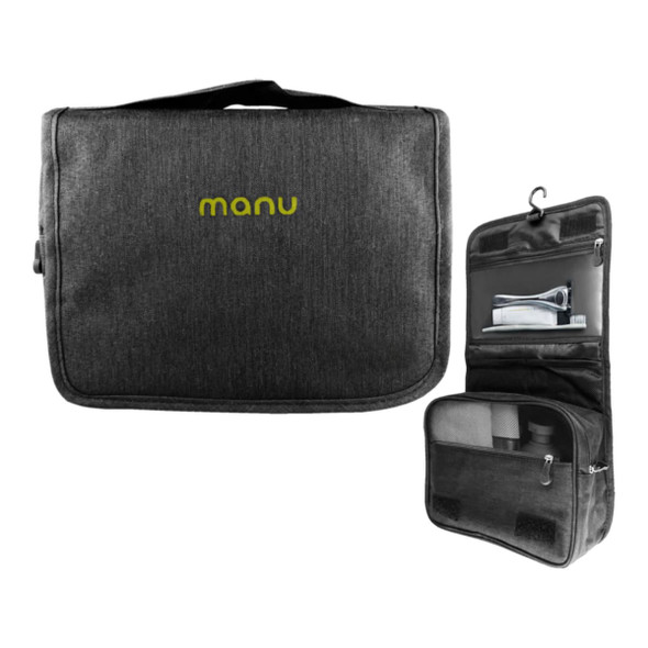 A black toiletry bag featuring a carry handle, with a zippered compartment and clear pockets inside. It has a logo.