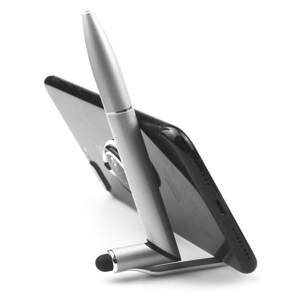 A silver stylus pen positioned as a stand for a smartphone, featuring a sleek metal design and a branding logo.