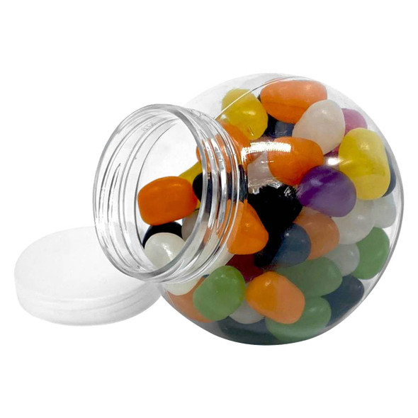 A clear jar filled with colourful jelly beans in various shades, including orange, green, purple, and white.