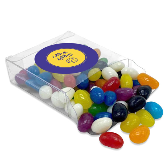 A transparent box filled with multicoloured jelly beans, some spilling out. The box features a circular logo.