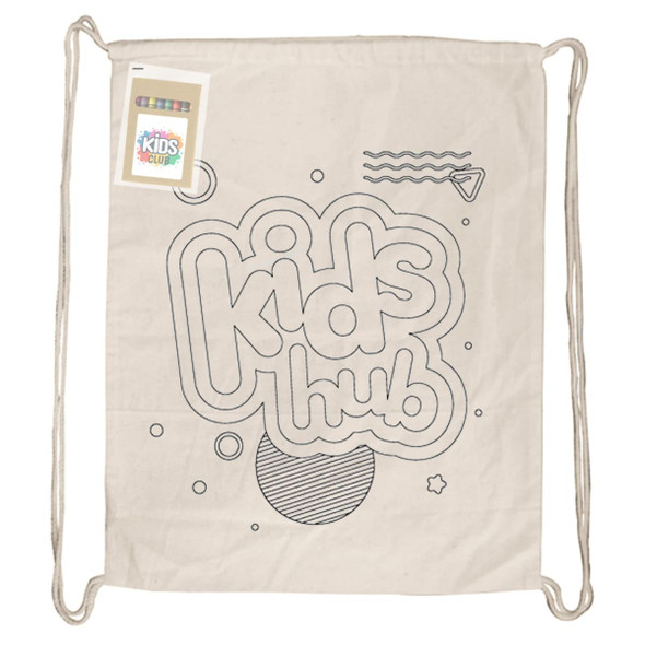 A beige drawstring bag featuring a black outlined design with various shapes and the text "kids hub".
