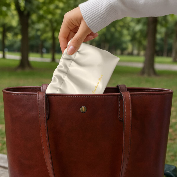 A cream portable makeup bag being placed into a brown leather handbag, set against a green park backdrop.