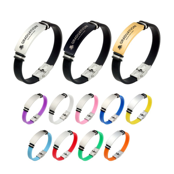 A range of colour engraved bracelets in various shades, including black, purple, pink, blue, green, and orange, with metal accents.