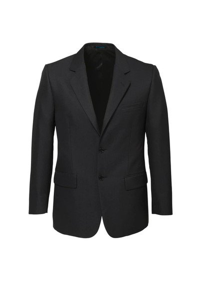 A black men's classic blazer featuring a two-button closure and a single chest pocket.
