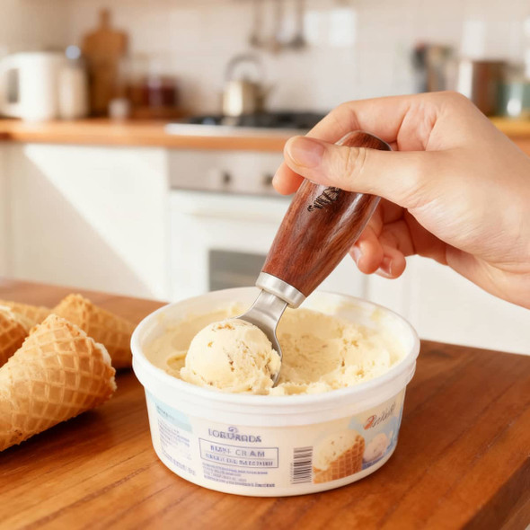 A wood handle ice cream scoop with silver head is being used on a tub of ice cream, beside cone wrappers.