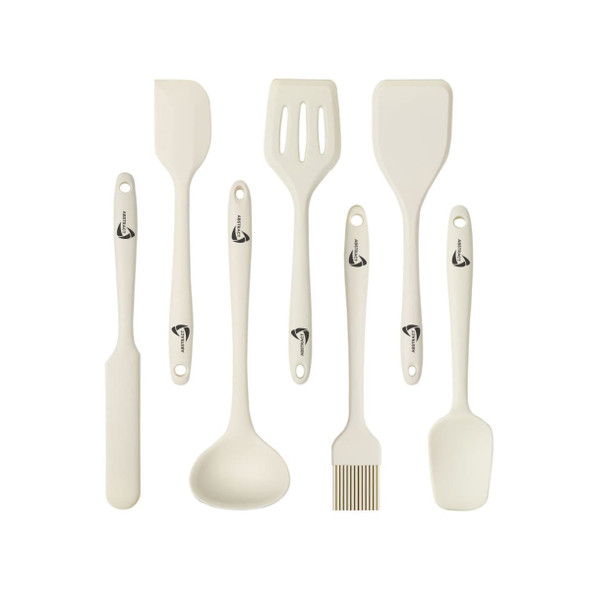 A silicone kitchenware set in cream colour includes a spatula, ladle, slotted spatula, basting brush, and other utensils.
