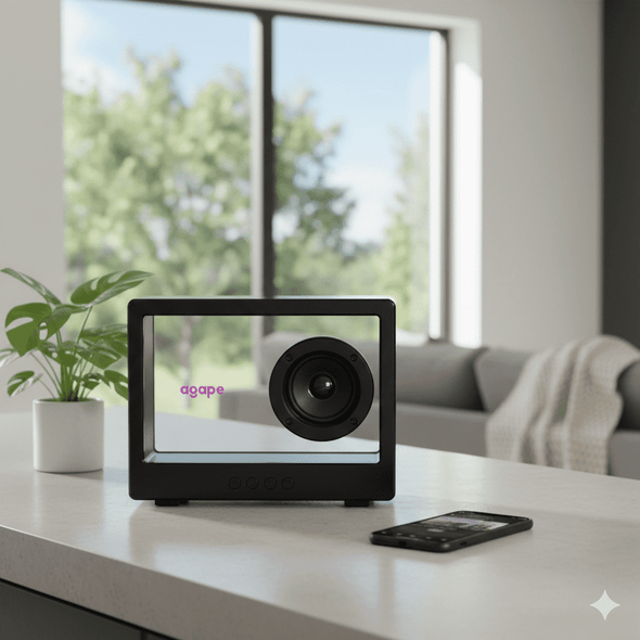a branded bluetooth speaker with transparent panel