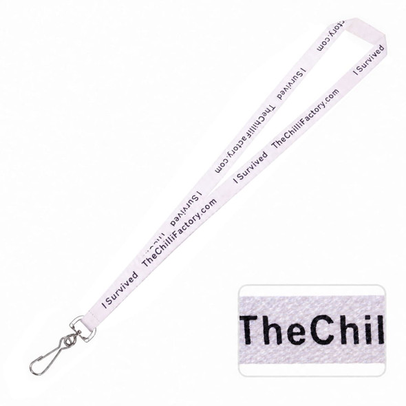 A white bamboo ribbed lanyard featuring a logo and text, ideal for exhibitions and events.