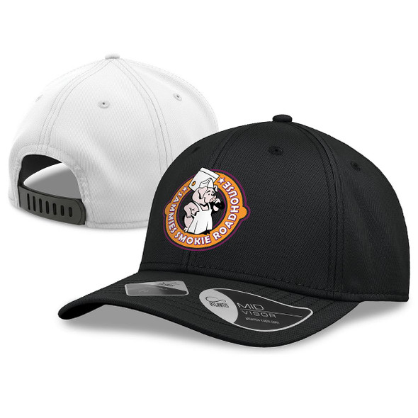 A black cap with a logo on the front and a white underside. The back features a snap closure.