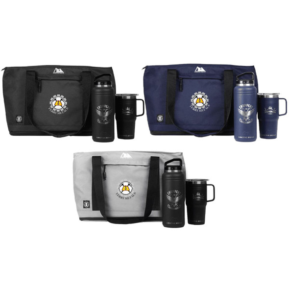 A set of bags in black, navy, and grey, each with drink bottles and mugs featuring a logo.