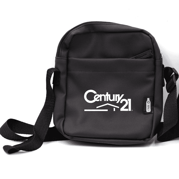 A black messenger bag with a shoulder strap and a logo on the front, featuring a zippered compartment and an additional pocket.