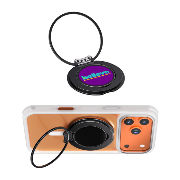 A black phone grip and stand with a circular base, featuring a multicoloured logo on an orange phone case.