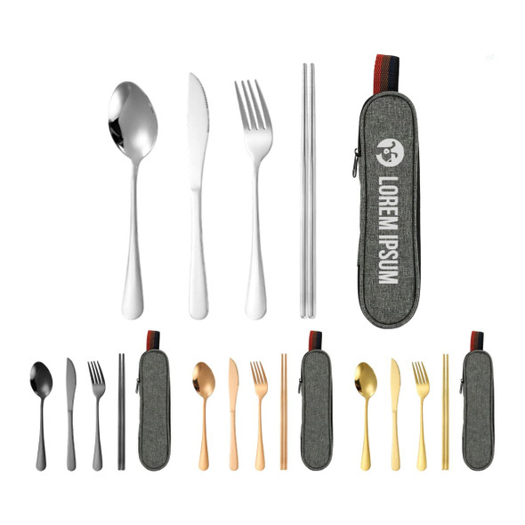 A travel cutlery set featuring stainless steel spoon, knife, fork, chopsticks, and a zippered grey carrying case.