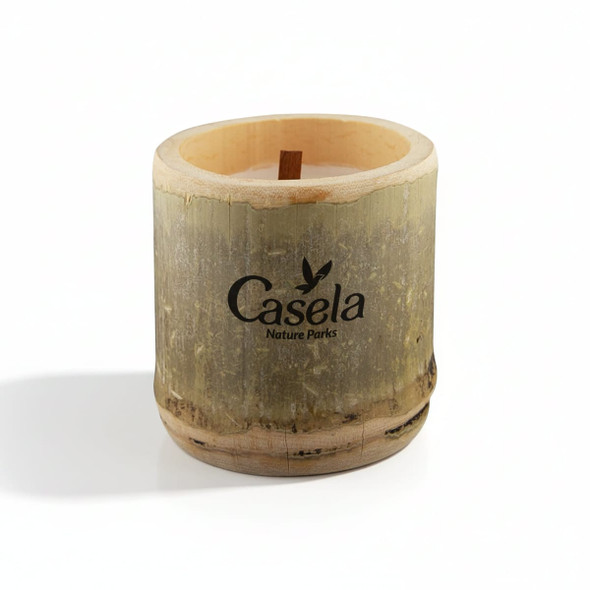A bamboo candle in a natural wood holder featuring a wooden wick, with a logo on the side.