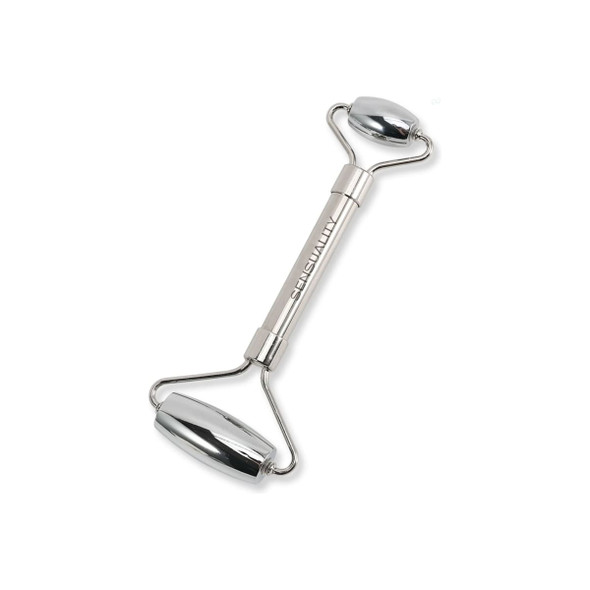 A stainless steel facial roller with a sleek, silver design and dual rolling ends. It has a logo on the handle.