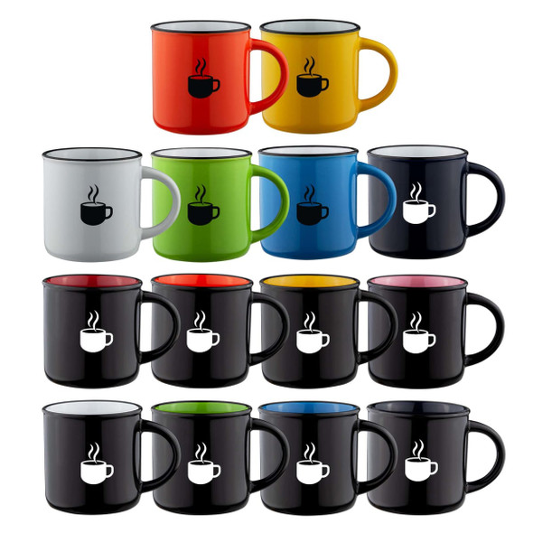 A set of mugs in red, yellow, green, blue, white, and black, featuring a logo on each mug.