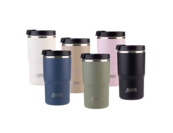 A drink bottle collection featuring six Oasis 480ml vacuum travel mugs in cream, beige, navy, olive, pink, and black.