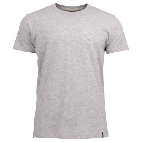 A grey crew neck t-shirt featuring a simple design and a small logo on the side. Suitable for casual wear.