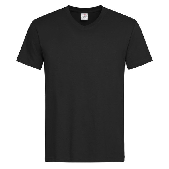 A black Men's Classic-T V-neck t-shirt featuring a short sleeve design. Includes a logo on the neckline.