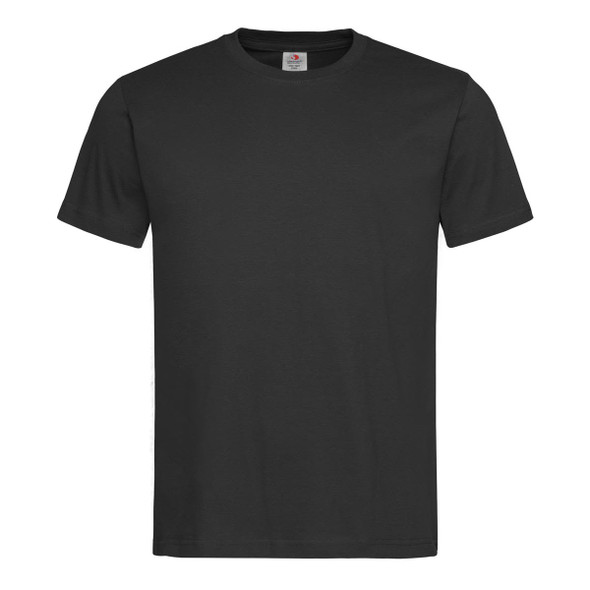 A black men's classic T-shirt with short sleeves and a round neckline, featuring a logo at the neck.
