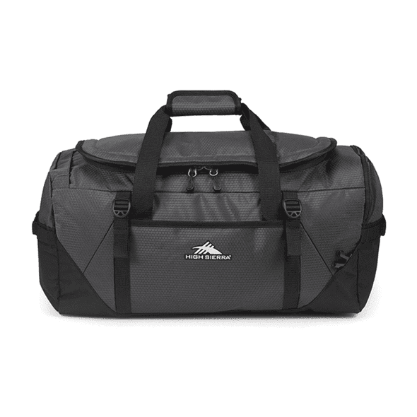 A grey duffel backpack with sturdy handles, adjustable shoulder straps, and a branded logo.