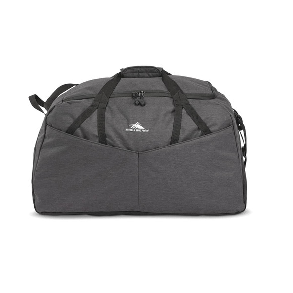 A grey duffel bag with a logo, featuring dual handles and adjustable straps for versatile carrying.