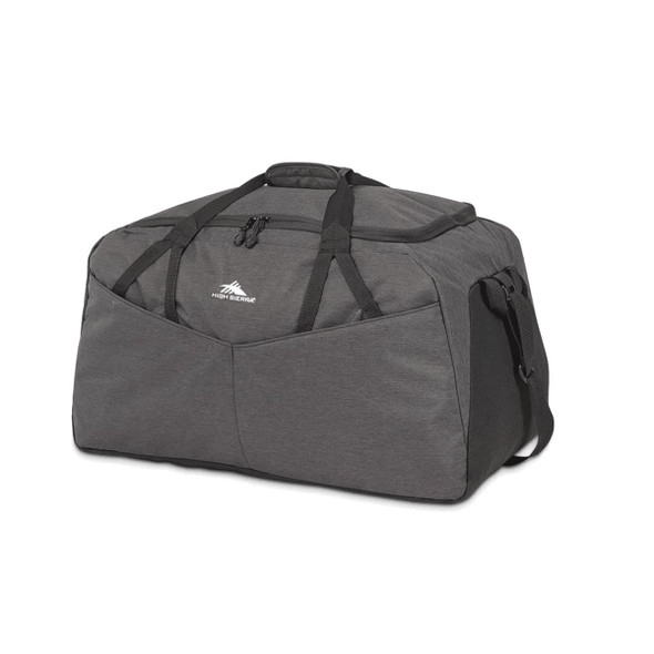 A large, grey duffel bag with multiple compartments and a shoulder strap, featuring a logo on the front.