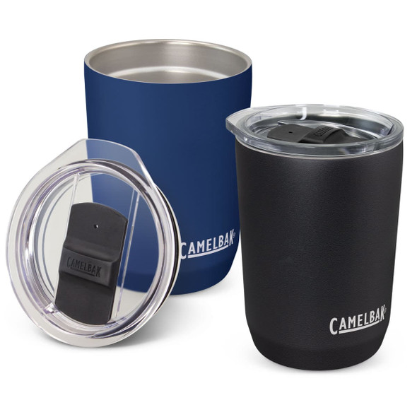 A drink bottle featuring a dark blue and a black vacuum tumbler with lids, both having a logo.