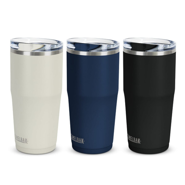 A drink bottle set featuring three CamelBak Thrive vacuum tumblers in white, navy, and black. Each has a lid and a logo.