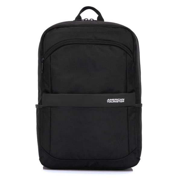 A black backpack featuring a front pocket and a branded logo, designed with a sleek, modern style.