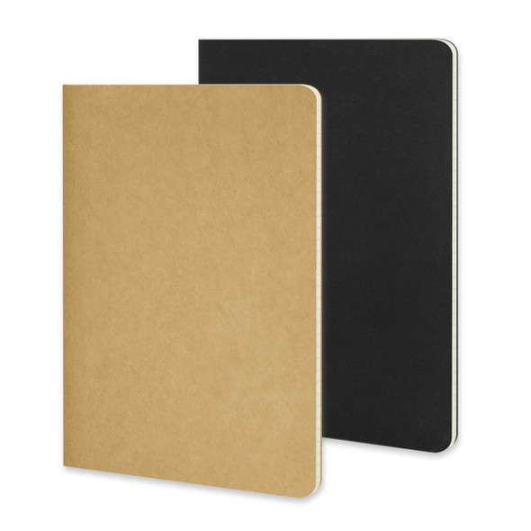 A set of two Moleskine Cahier journals: one gold and one black, featuring soft covers and rounded corners.