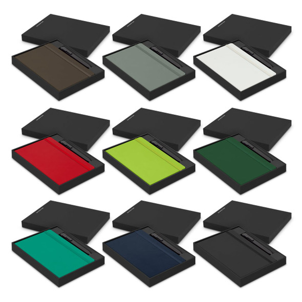A gift set featuring Moleskine notebooks and pens in various colours, presented in sleek black boxes.