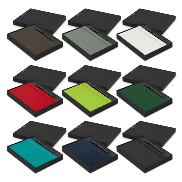 A gift set featuring Moleskine notebooks in various colours: brown, grey, white, red, green, and blue, each with a pen.