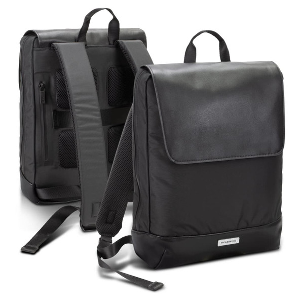A black Moleskine Metro Slim Backpack featuring a minimalist design, padded straps, and multiple pockets.